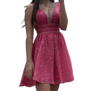 Ricarica Hot Pink Jeweled Trim Sparkly Glittery Homecoming Cocktail Dress M